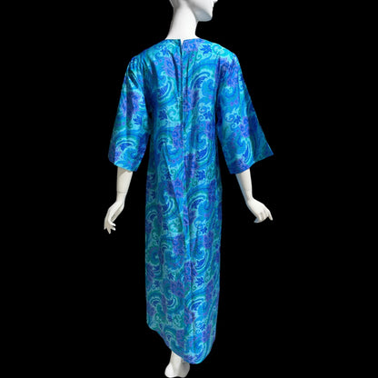 1970s vintage Thai Silk Caftan dress, JIM THOMPSON? blue and purple silk paisley Hippie Boho Dress