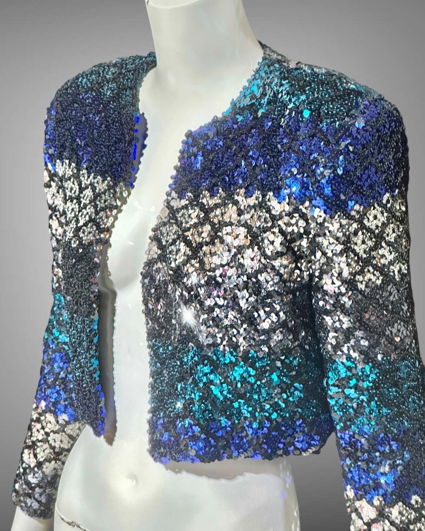 LILLIE RUBIN vintage Evening jacket, 1980s ombre sequins blue black silver cocktails party cropped jacket