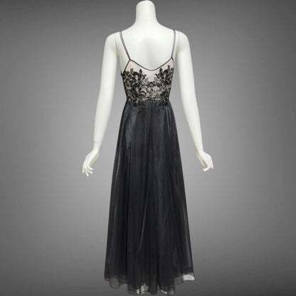 VANITY FAIR, vintage 1950s Nightgown Slip Dress, Dramatic black and silver double layer full sweep gown