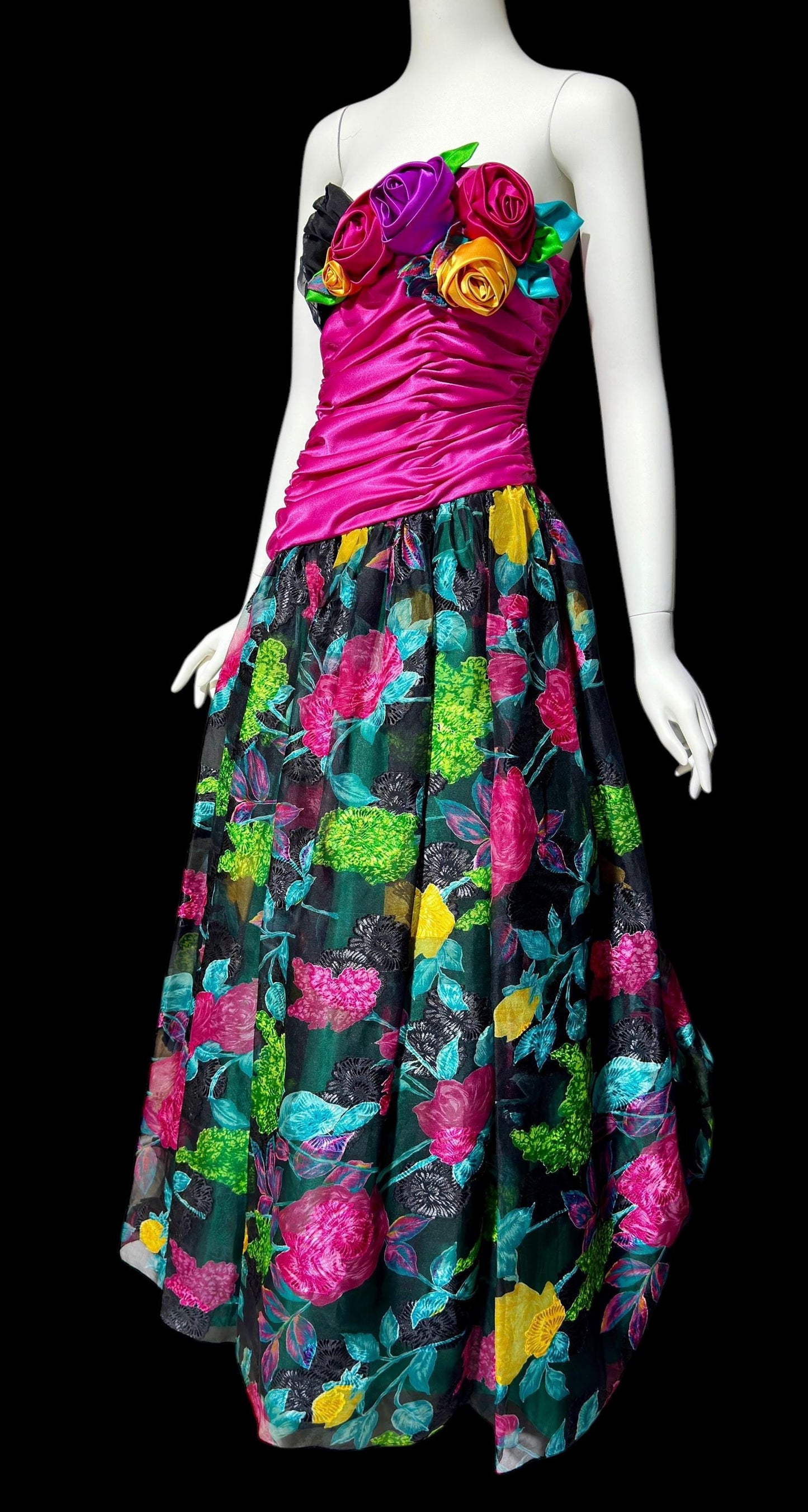 EUGENE ALEXANDER 1980s vintage evening dress, floral rosette floral ball gown, 38 bust