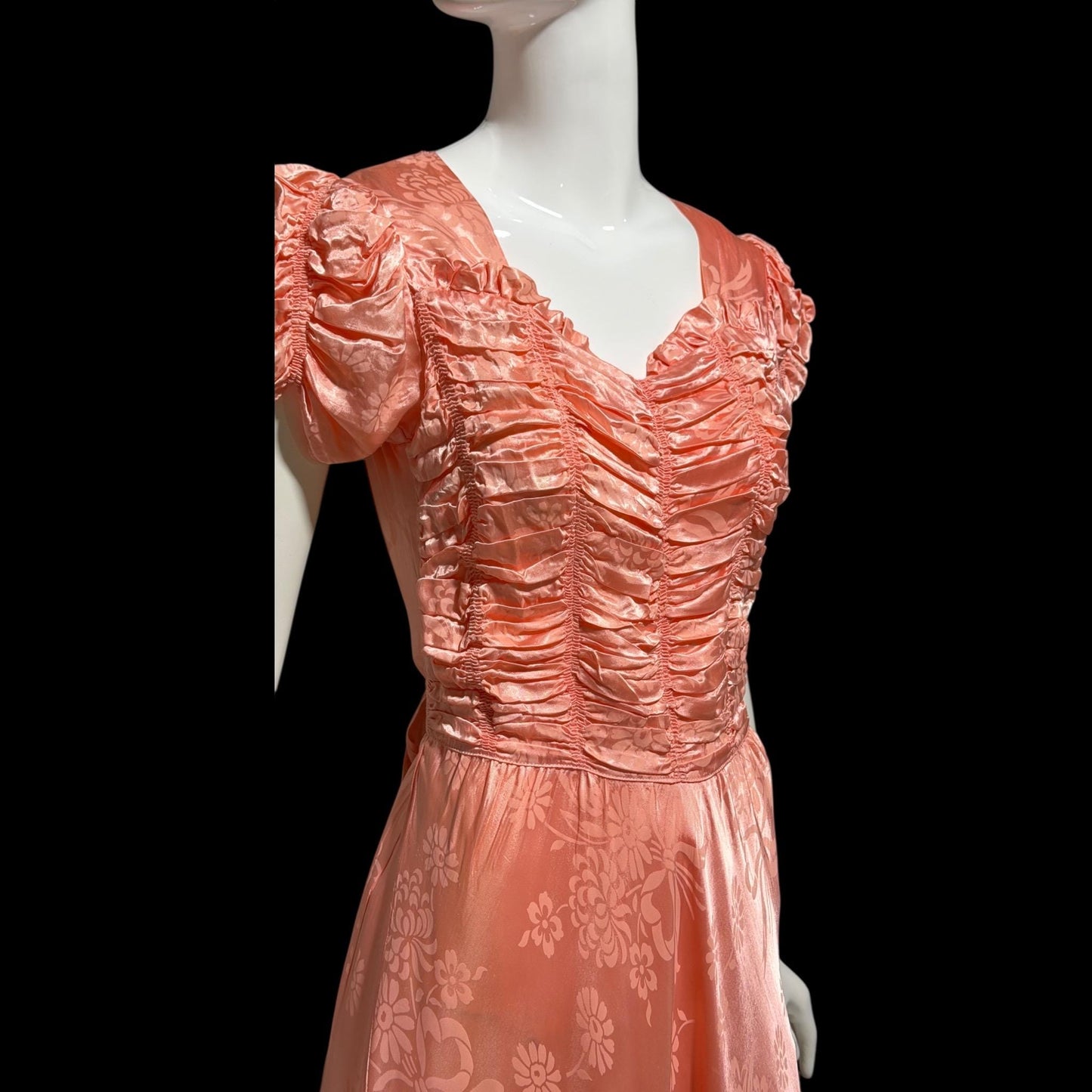 1930s Vintage Evening dress gown, Pinky Peach Romantic Jacquard Ruched Front Maxi Dress