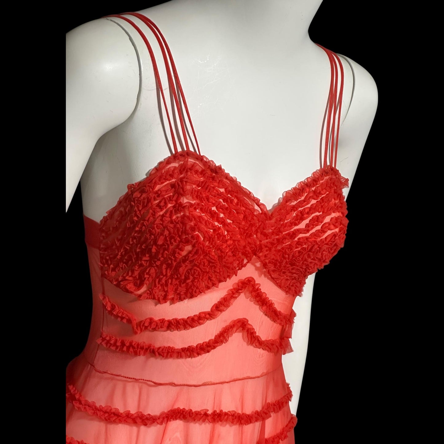 1950s vintage nightgown slip dress, sheer nylon lipstick red ruffled twirling night dress