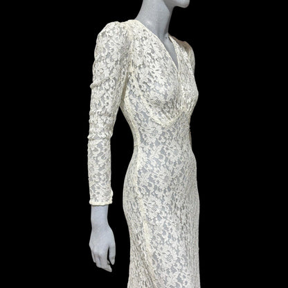 1940s vintage wedding bridal dress, white see through lace sheath full length gown