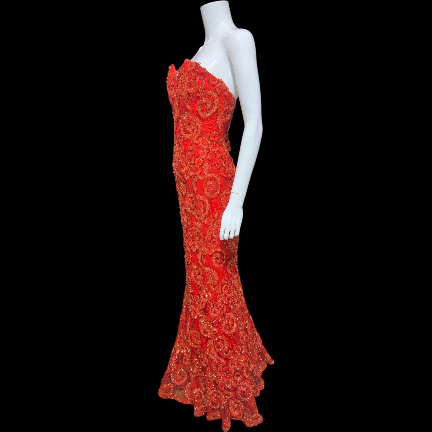 ALYCE DESIGNS, vintage 1980s evening dress, cherry red strapless sheath mermaid gown, bodycon and eyelash lace