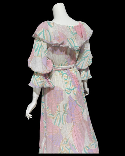 FRANK USHER LONDON, vintage 1970s evening dress, Pastel floral chiffon, Off shoulder gown