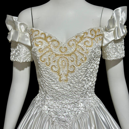 MIKE BENET, vintage 1980s evening dress, shiny white satin sequins prom wedding ball gown