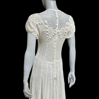 1970s vintage white crochet dress, all cotton blouson shirtdress, midi length