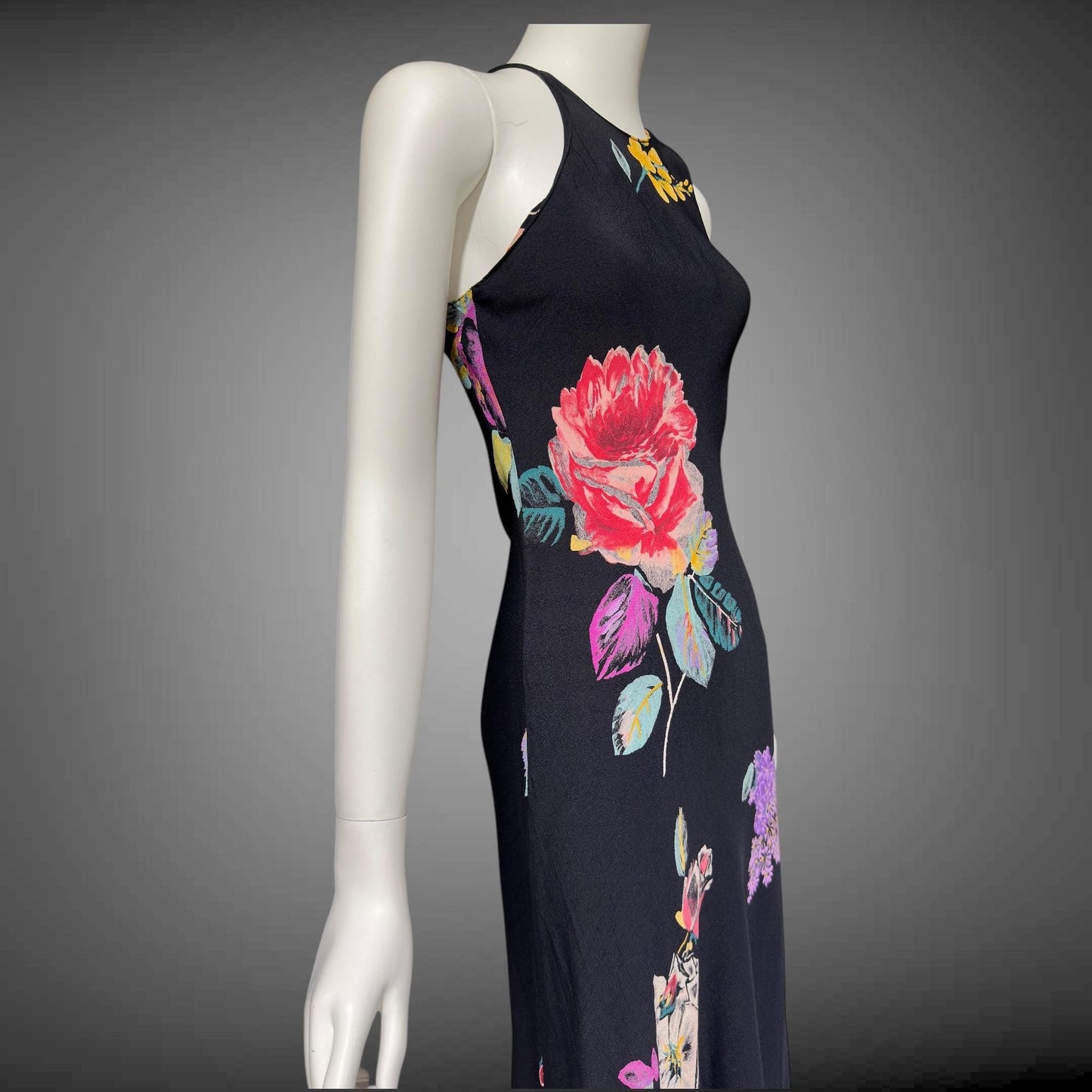 1990s vintage bias cut dress, Bodycon rose flower print evening sheath slip dress, maxi dress