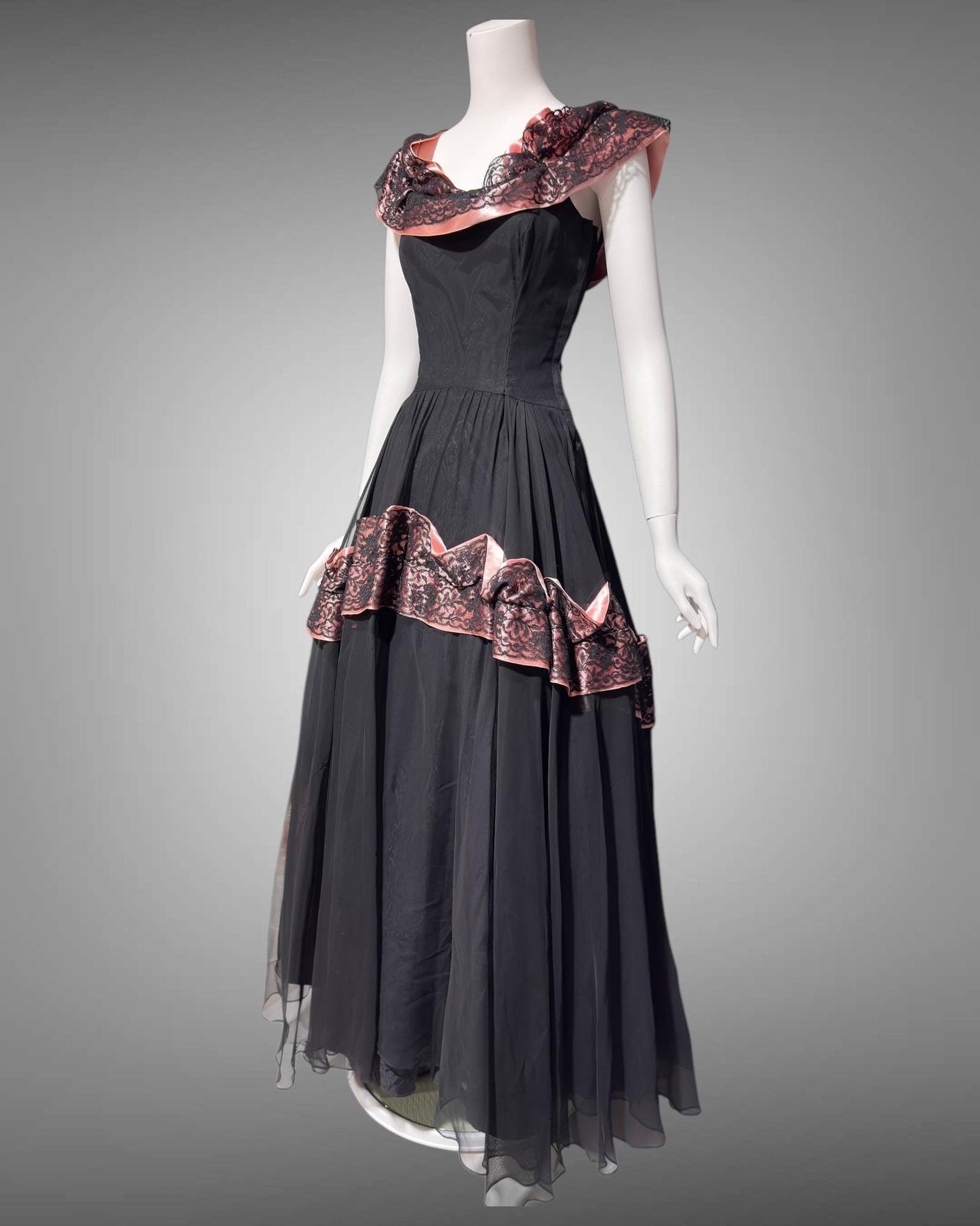 1940s vintage evening dress gown, Black mesh and pink Satin ball gown