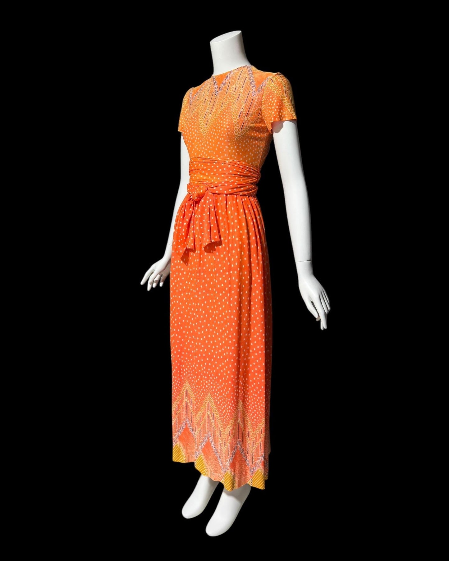 SARMI NY, Vintage 1960s Orange Op Art slinky knit maxi party dress