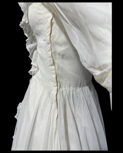 1940s vintage evening dress, White mesh ruffle wedding prom dress with full skirt