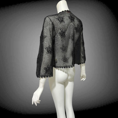 1950s vintage crochet cardigan, black 100% cotton Hand Made Shanghai cropped sweater