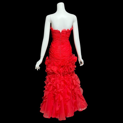 BELLVILLE SASSOON Lorcan Mullany, vintage 1980s evening dress, Red mermaid sheath gown, strapless tiered ruffles with matching bolero