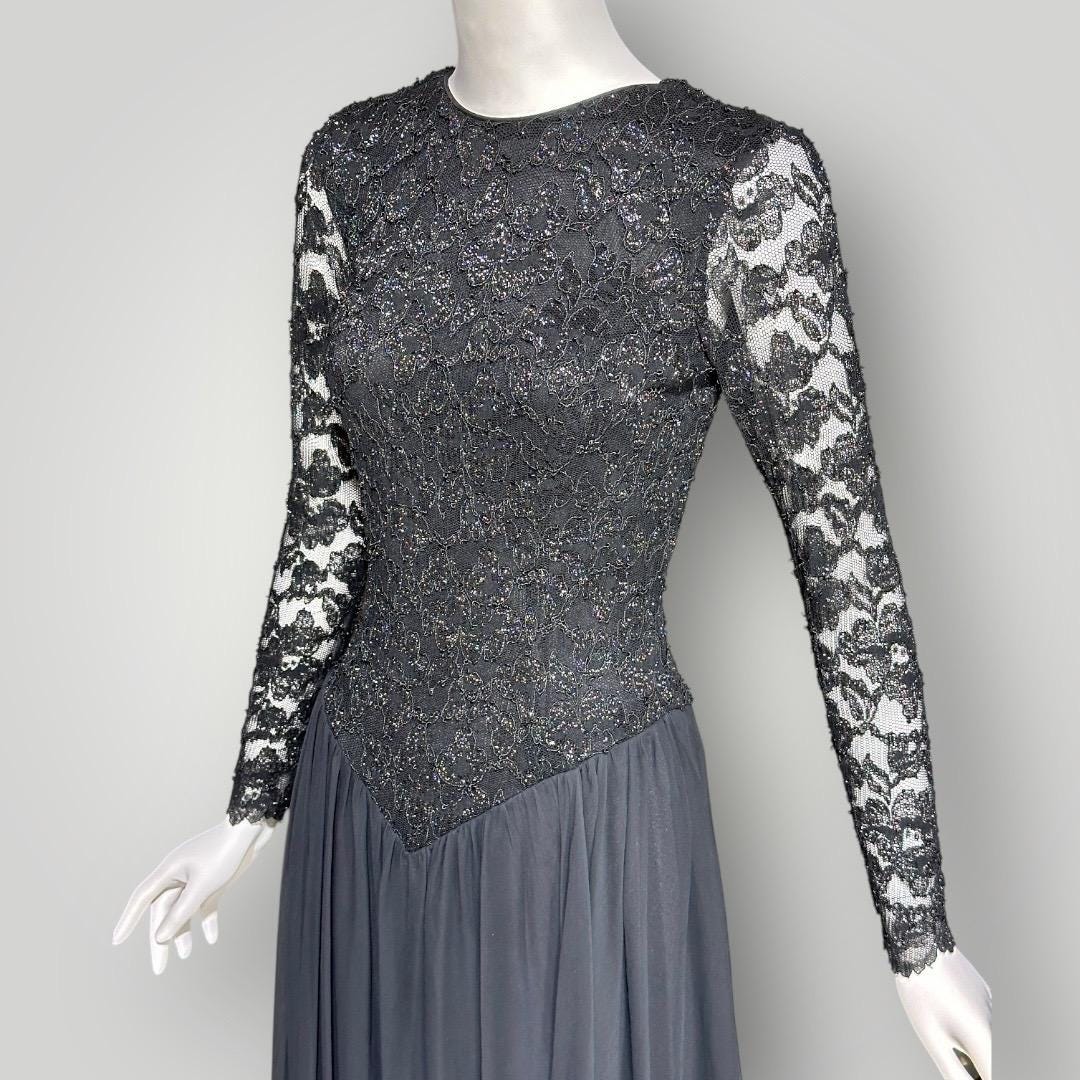 JOHN CHARLES vintage 1980s evening dress, black stretchy lace Jersey Knit with chiffon skirt