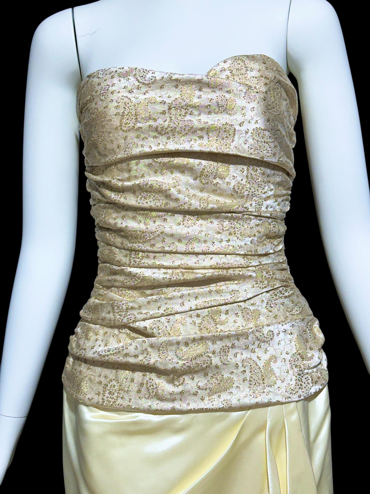 1950s vintage evening dress, Very Marilyn Monroe, Creamy satin with Gold metallic, faux wrap skirt ruched bodice