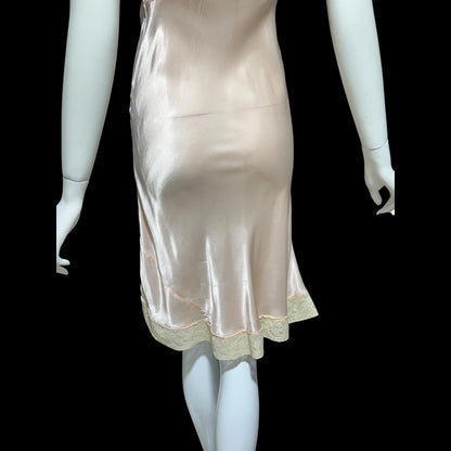 1930s Vintage Peach Slip Dress: Shiny silky Rayon Nightgown lingerie, Lace Trim