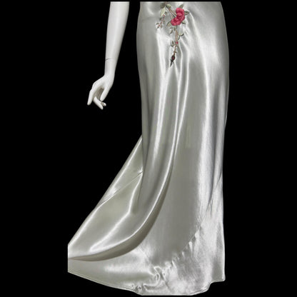 BONNIE STRAUSS, vintage 1990s slip dress, shiny satin bias cut sheath embroidered gown, 1940s style gown
