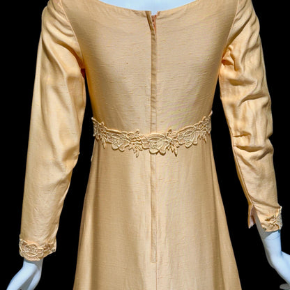 1960s Vintage evening bridesmaid dress, PEACH raw silk Mod gown, Long sleeves empire waist with flower appliques'