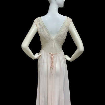 ODETTE BARSA vintage 1940s nightgown slip dress, Sheer pale pink with white lace full sweep Old Hollywood gown