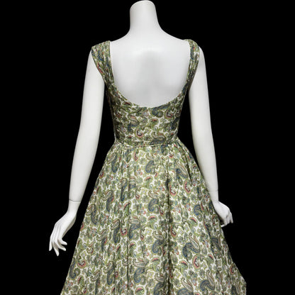 JD JUNIOR ACCENT, vintage 1940s dress, Bombshell Cocktail party sundress, Shelf bust dress, Green paisley rhinestone pinup dress