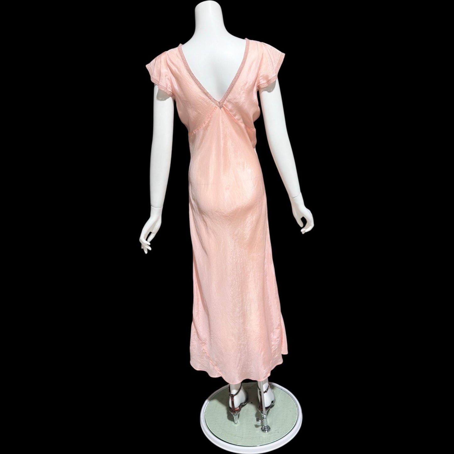 1930s Rayon Slip Dress: Vintage Bias Cut Shiny Peachy Pink Nightgown, Lace Trim