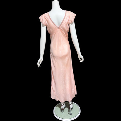 1930s Rayon Slip Dress: Vintage Bias Cut Shiny Peachy Pink Nightgown, Lace Trim