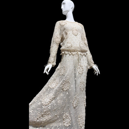 1970s vintage crochet dress, 2 pieces, Cotton blouson top & maxi skirt