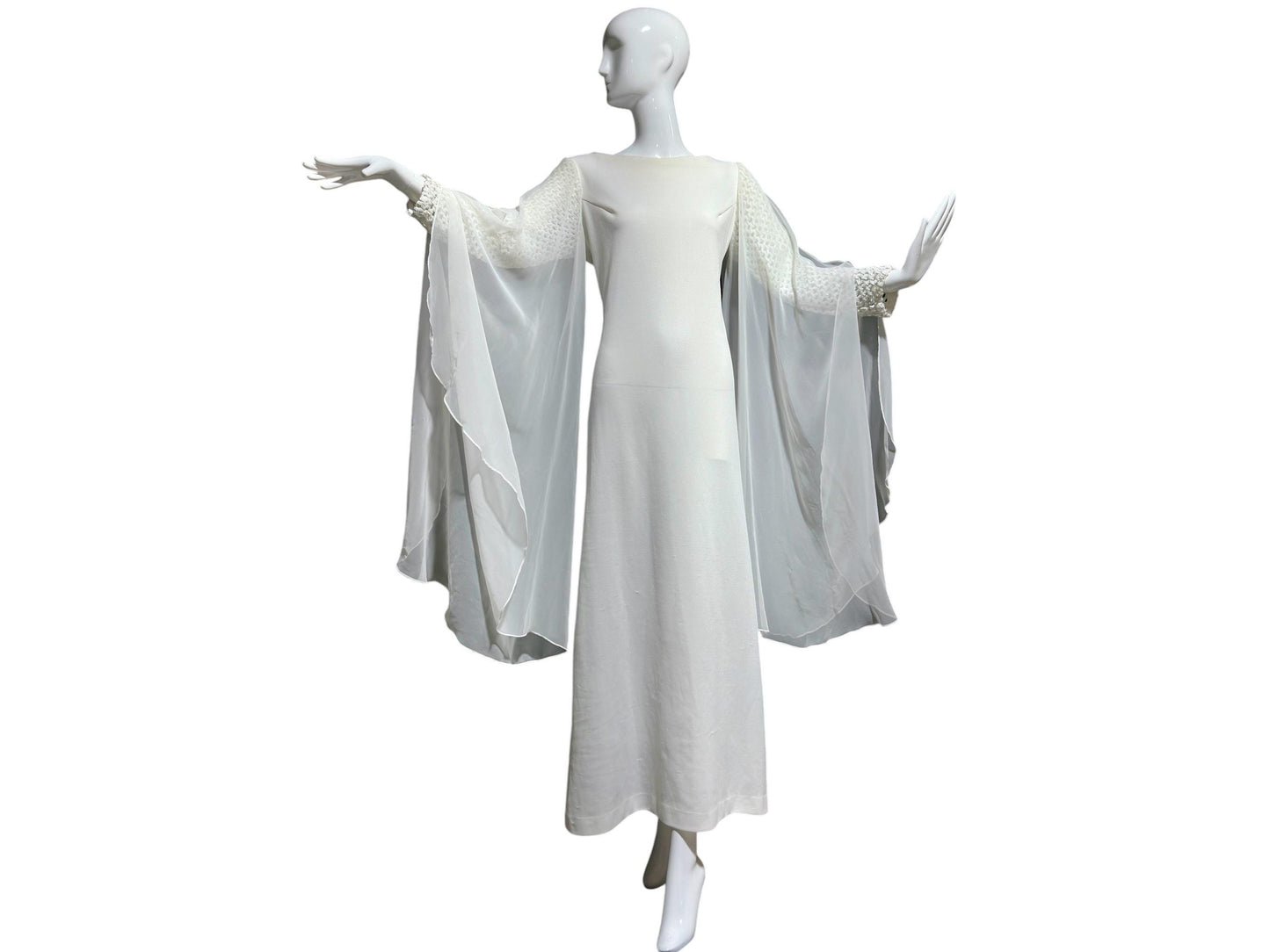 MELINDA vintage evening gown, white jersey knit poly chiffon angel sleeve dress, Medium 38 bust