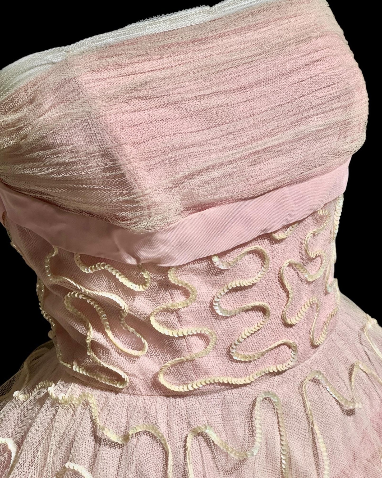 WILL STEINMAN, vintage 1950s Pink tulle and sequins prom dress, cupcake meringue tea length gown