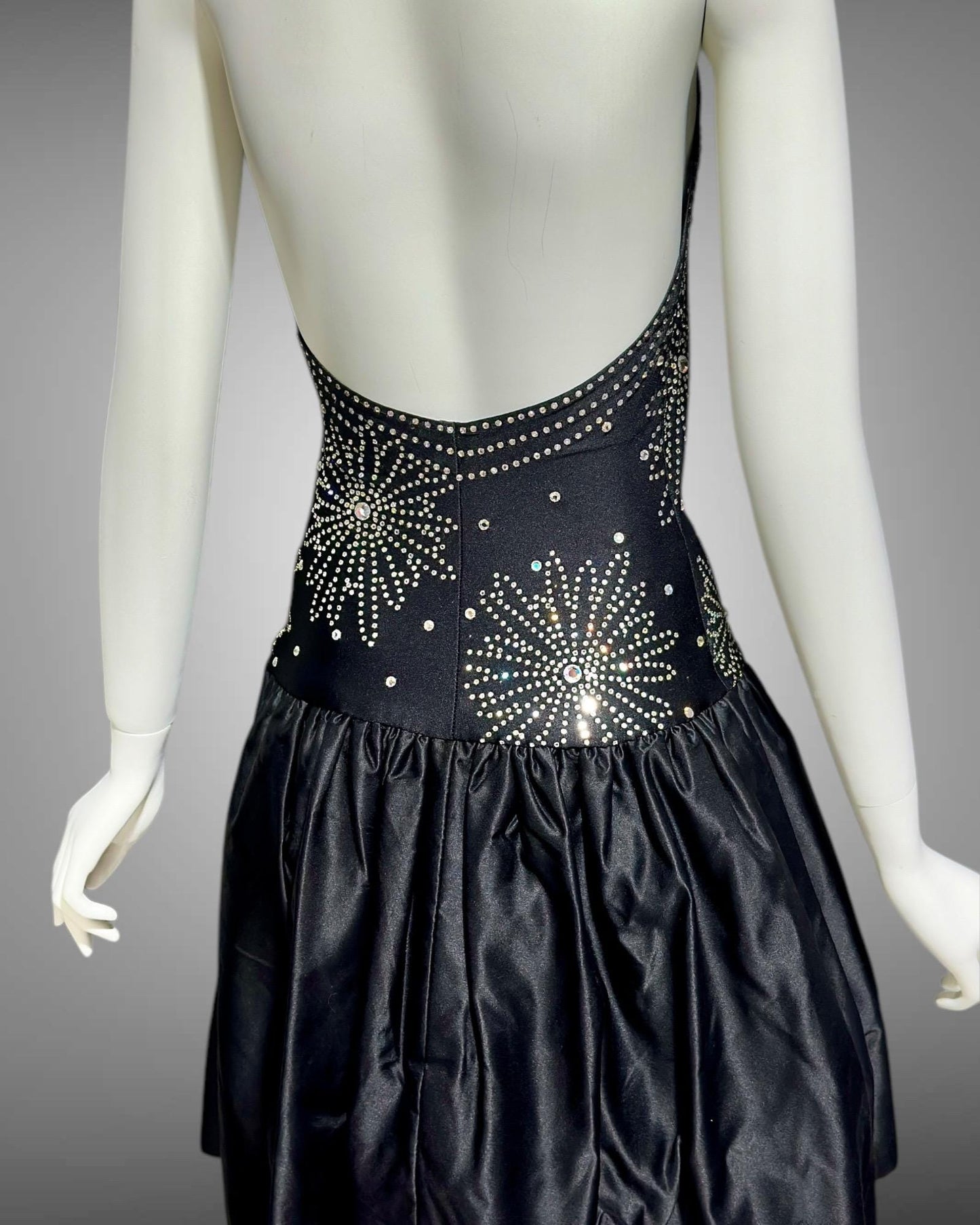 1980s vintage evening cocktail dress, stretchy black halter top with bubble mini skirt party dress