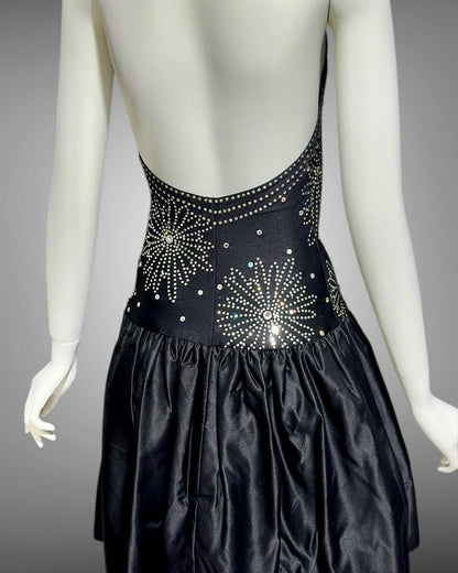 1980s vintage cocktail dress, stretchy black halter top with bubble mini skirt party dress