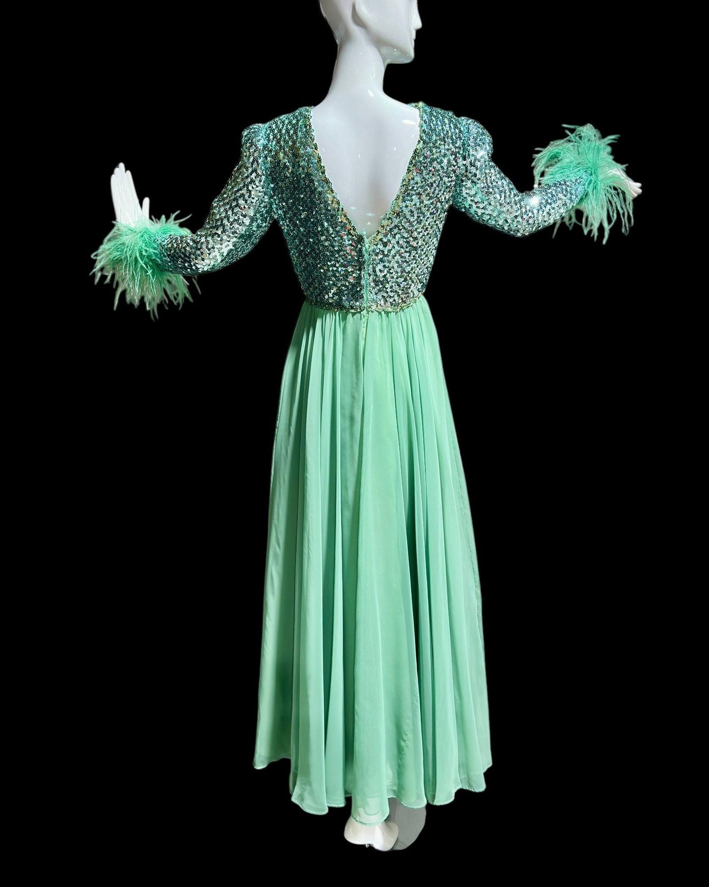 Custom Made, vintage 1970s evening dress gown, sea green chiffon and sequin ball gown with Ostrich Feathers