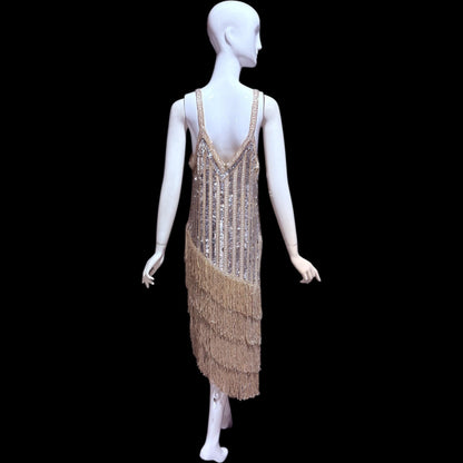 FRANK USHER vintage 1980s evening dress, Silver sequin and fringe cocktail flapper slip dress