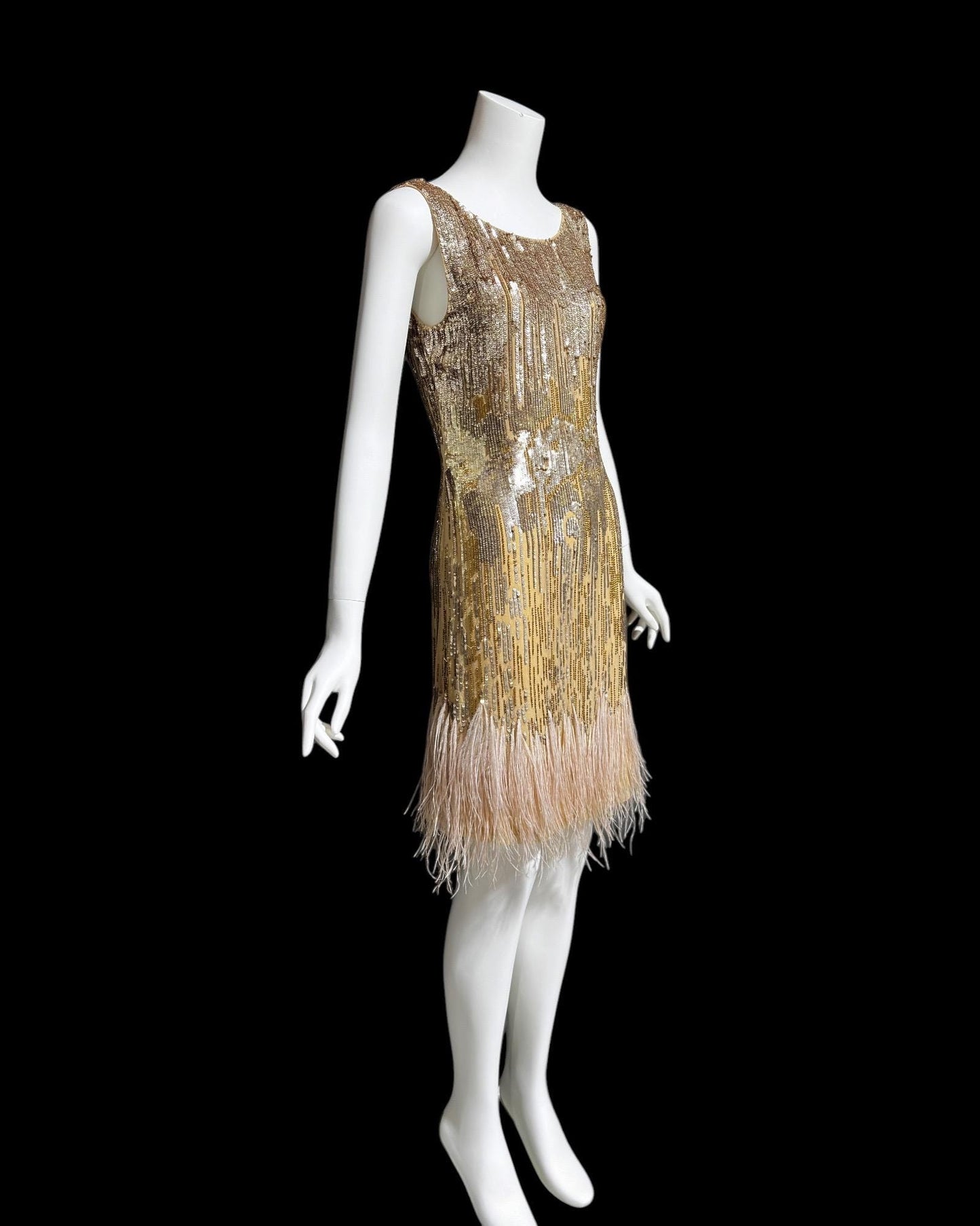 Y2K Gold sequins & pink feathers flapper style party cocktail dress, Custom Made Slip Tank Dress