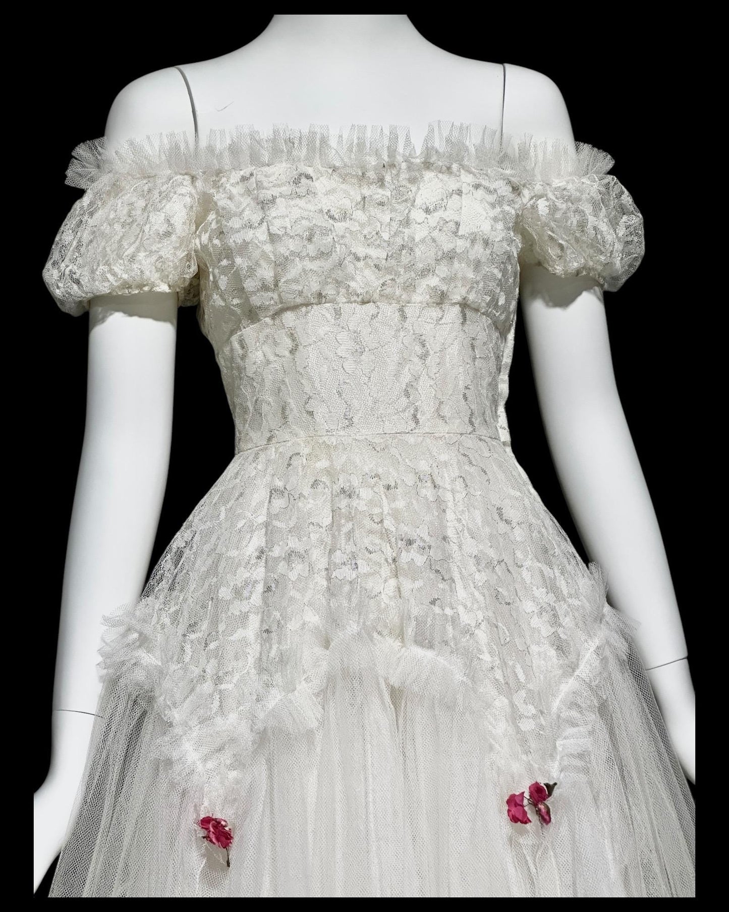 1950s vintage white prom dress, tea length net tulle cupcake evening gown, off the shoulder ball gown