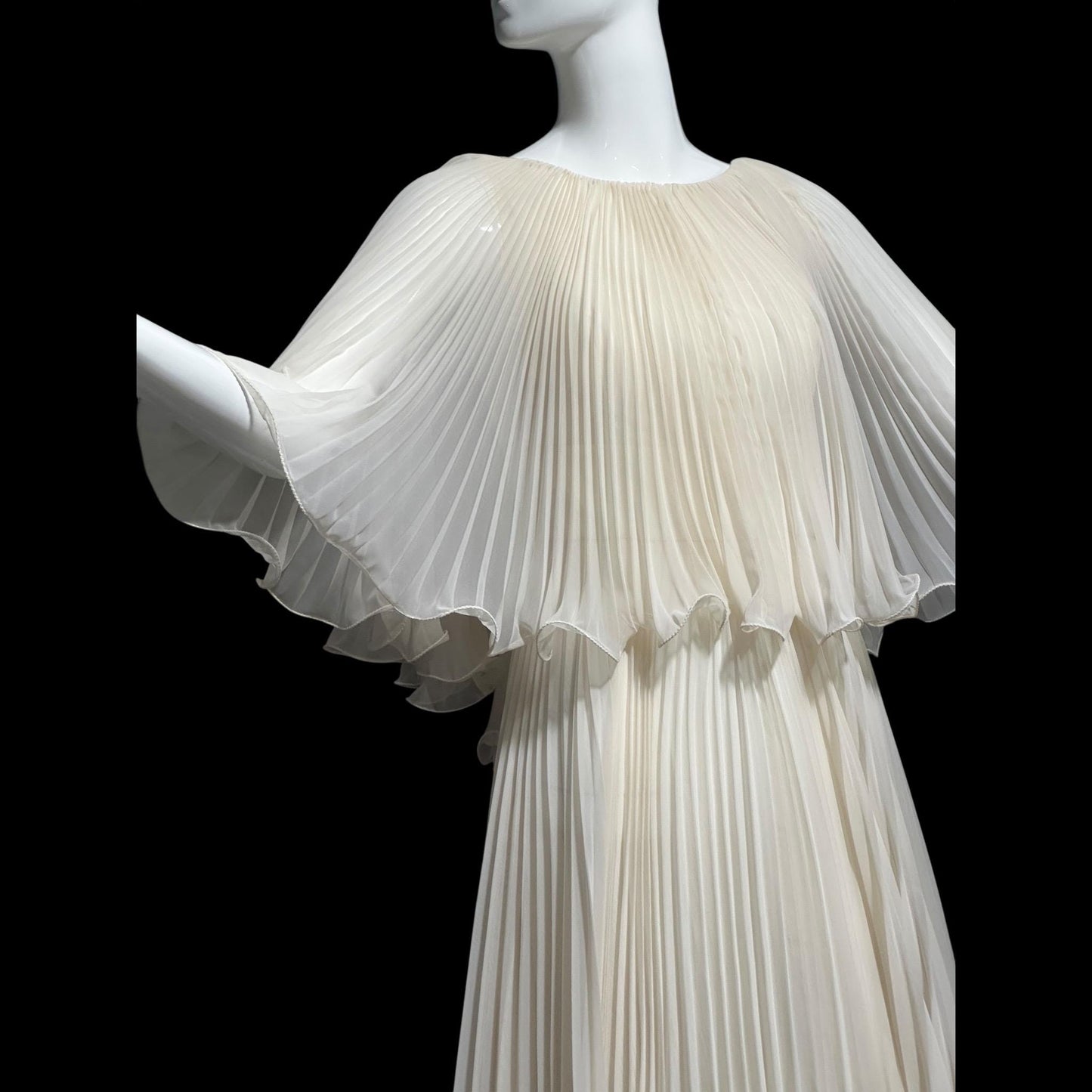 1960s vintage evening dress gown, almond white lace pleated dress, ruffled cape collar