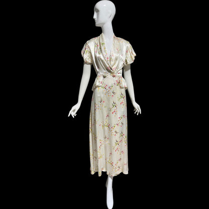 MISS ELAINE vintage 1940s Dressing Gown Robe, Shiny Satin floral Wrap Housecoat Lingerie Dress