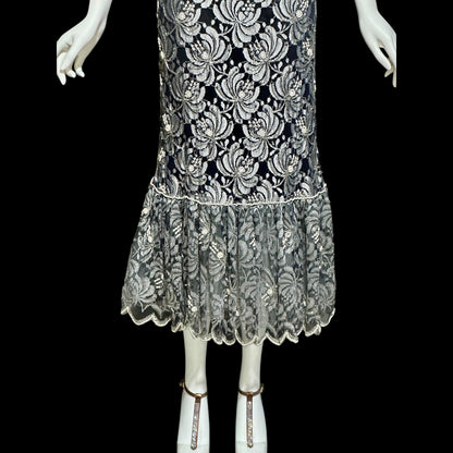 JUDITH ANN, Vintage 1980s sheer beaded dress, Black sheer mesh with beads, Hight neck with ruffle sheath cocktail party dress