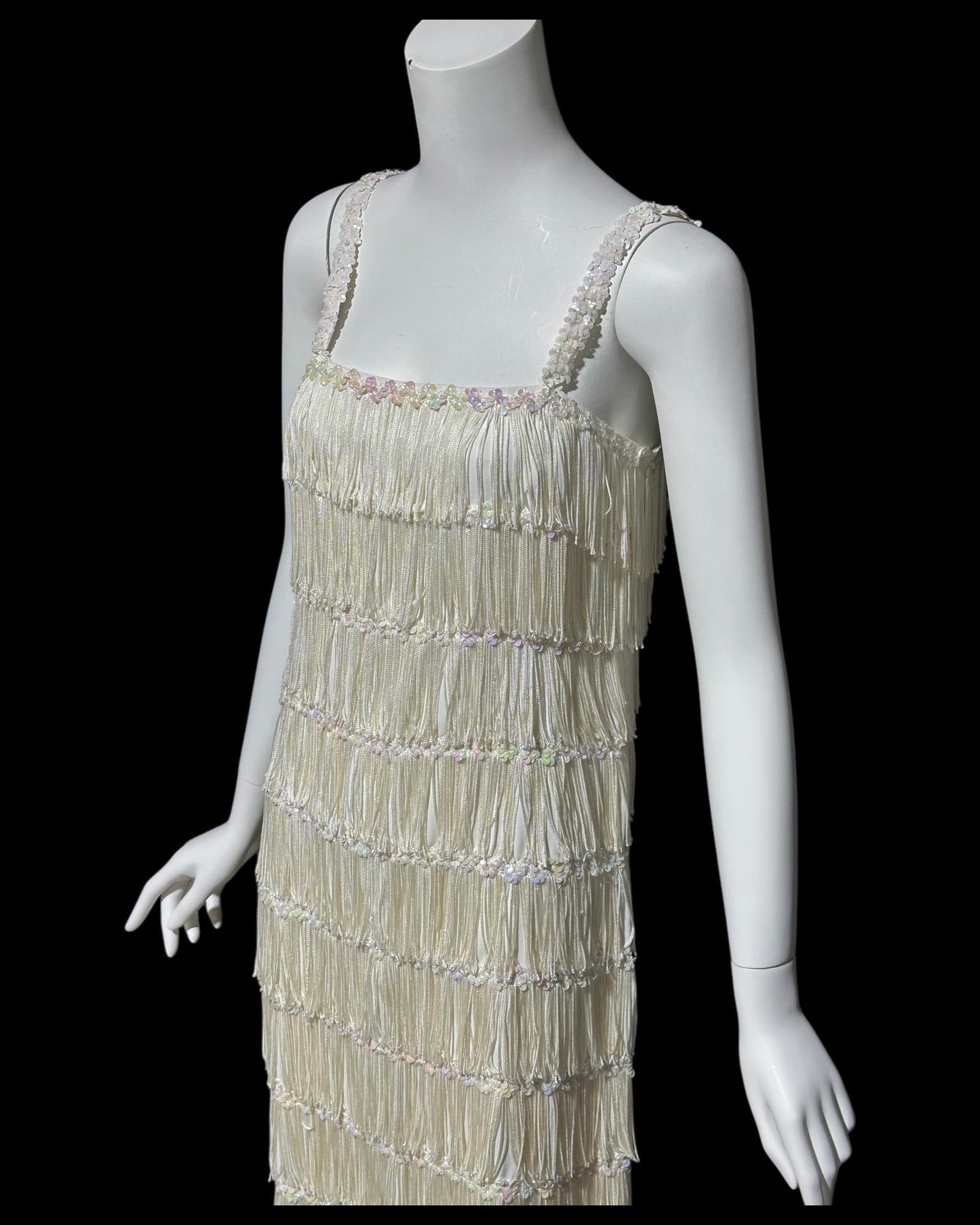 1960s vintage white fringed evening dress gown, column dress with sequins