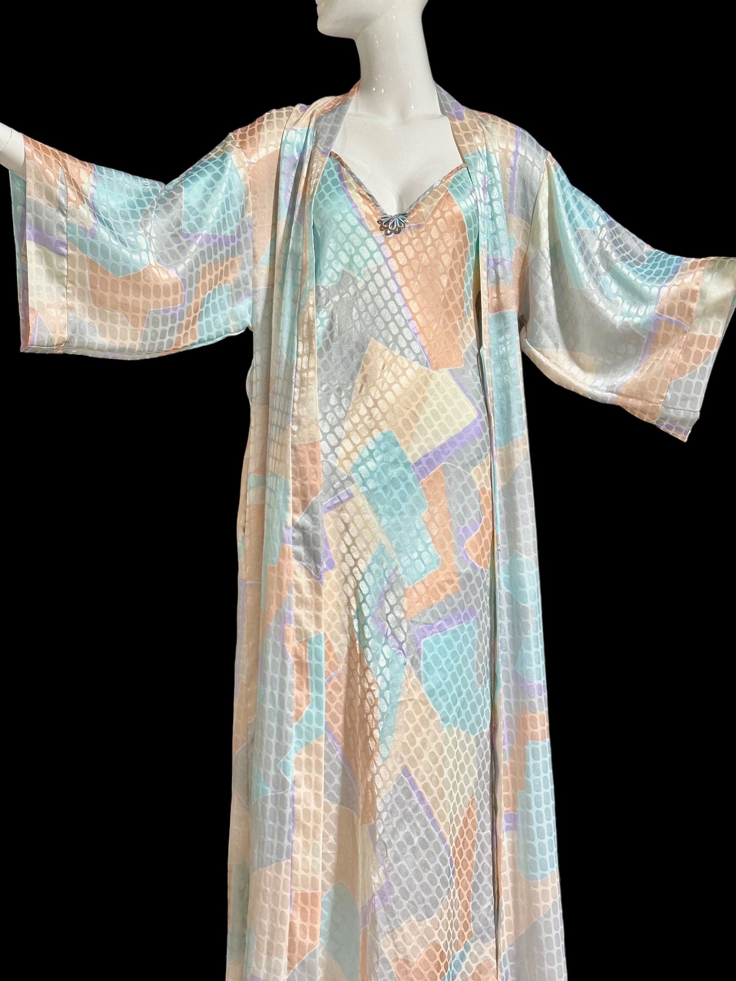 GEORGETTE TRABOLSI vintage 1980s nightgown robe peignoir set, pastel abstract slip dress and dressing robe set