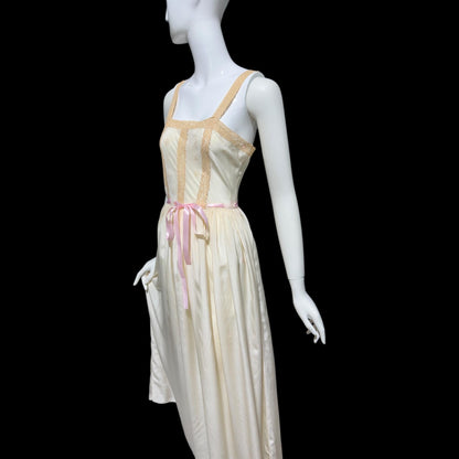 VERONICA vintage 1940s Silk Nightgown slip dress, Hand Made Pure Silk embroidered lace slip dress