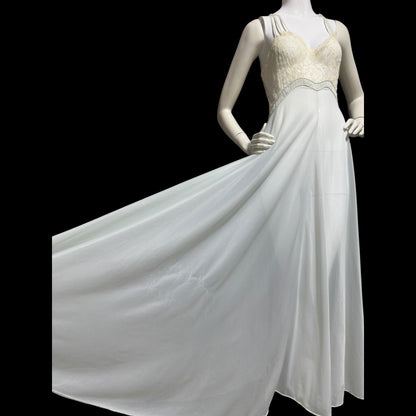 1930s Vintage nightgown robe set, sheer and ethereal blue nylon and white lace slip dress and peignoir set
