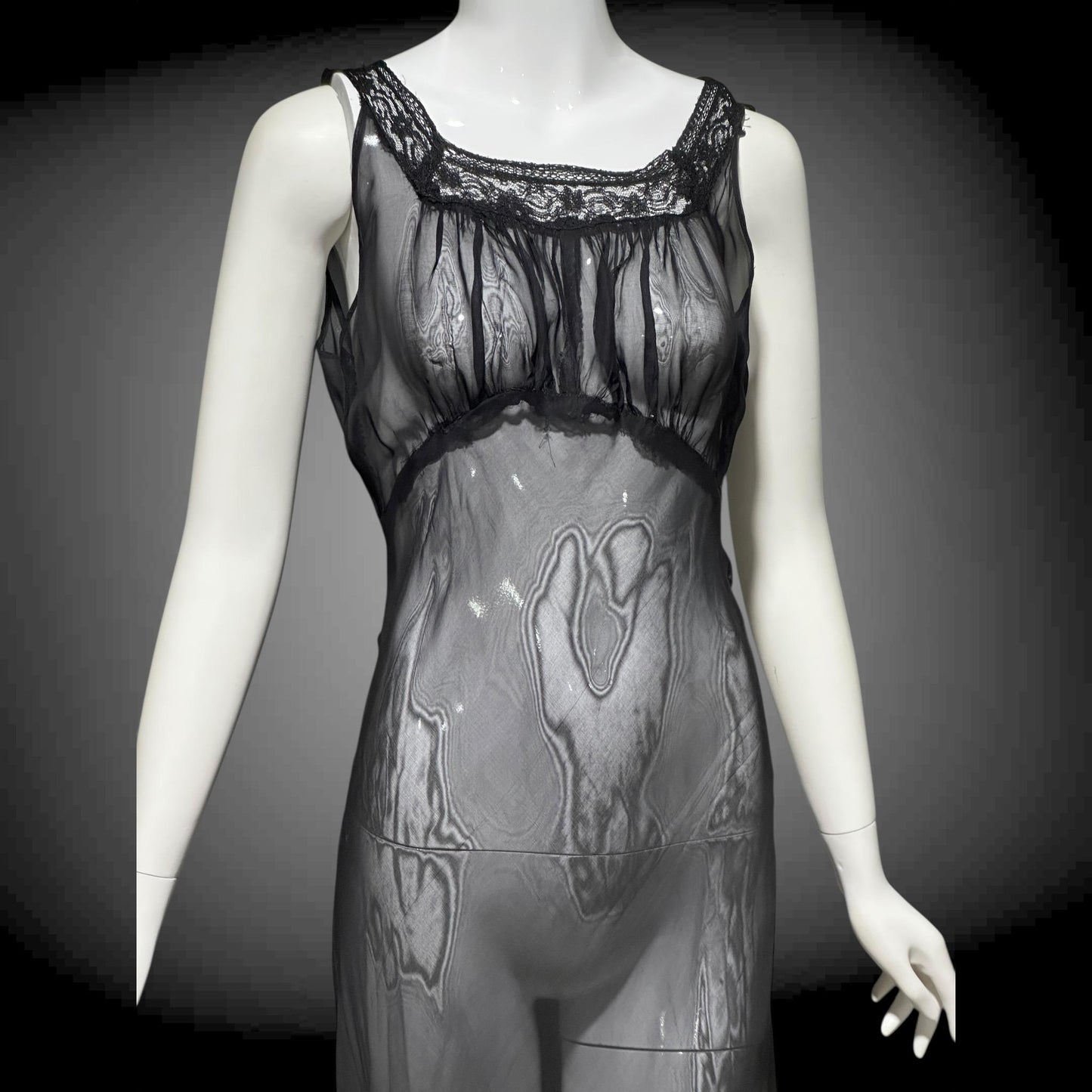 1930s vintage Nightgown slip dress, sheer sultry black night dress, bias cut with lace