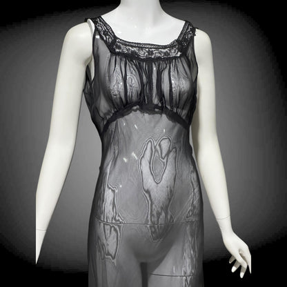 1930s vintage Nightgown slip dress, sheer sultry black night dress, bias cut with lace