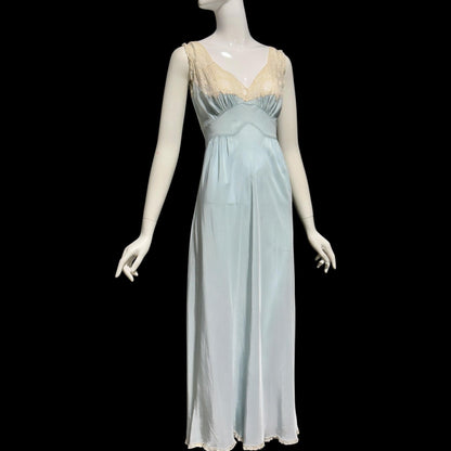 TROUSSEAUX vintage 1940s nightgown slip dress, powder blue rayon lingerie dress, full length