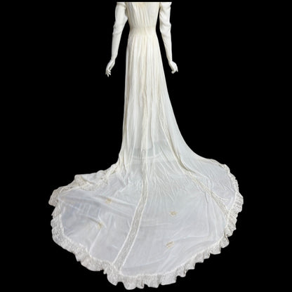 1940s vintage wedding dress, White sheer long sleeve sheath slip gown with train and slip