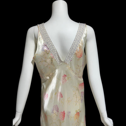 RADCLIFFE vintage 1930s nightgown, "Great Master Print" floral hydrangea night dress, bias cut with pale blue eyelet lace