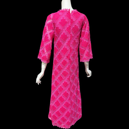 XIHUATL vintage 1960s Mexican cotton day dress, Hot Pink Pintuck Patchwork cotton and lace