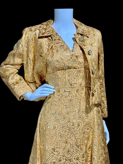 MALCOLM STARR Vintage dress jacket set, 1960s Apricot shiny gold brocade cocktail evening suit ensemble, dress and matching jacket