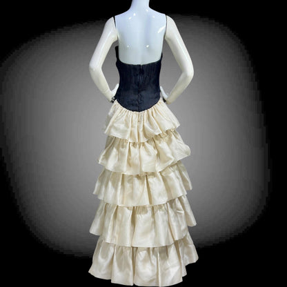 ARNOLD SCAASI vintage 1960s evening gown dress, black and white silk cascading ruffle gown